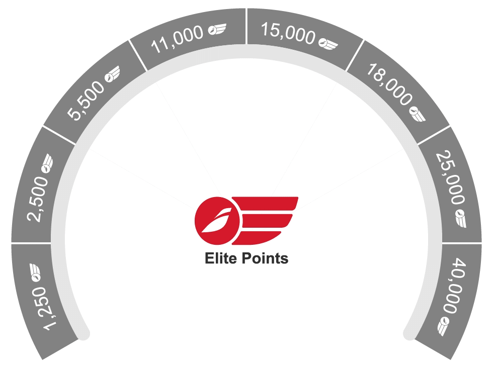 Halfcirkelvormige grafiek van de voortgang van de Premios Elite van Iberia Club. Toon de mijlpalen van Elite punten: 1.250, 2.500, 5.500, 11.000, 15.000, 18.000, 25.000 en 40.000. De bijbehorende prijzen zijn: met 1.250 punten, kortingsbon van 20 euro; met 2.500 punten, 1.500 Avios; met 5.500 punten, 2.500 Avios; met 11.000 punten, 4.000 Avios; met 15.000 punten, 5.000 Avios; met 18.000 punten, x2 vermenigvuldiger van Elite punten; met 25.000 punten, 10.000 Avios; met 40.000 punten, extra Iberia Club Oro-kaart.