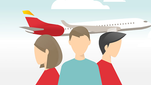 Plan Ahorro Iberia Tre persone con un aereo Iberia dietro, sullo sfondo, in stile caricatura