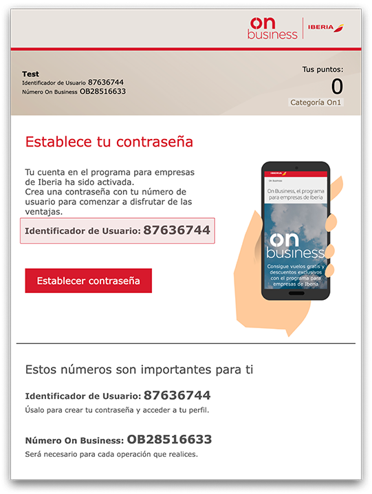 Imagen que muestra el lugar donde se puede encontrar el identificador de usuario dentro del e-mail de bienvenida que llega al usuario una vez registrado en On Business