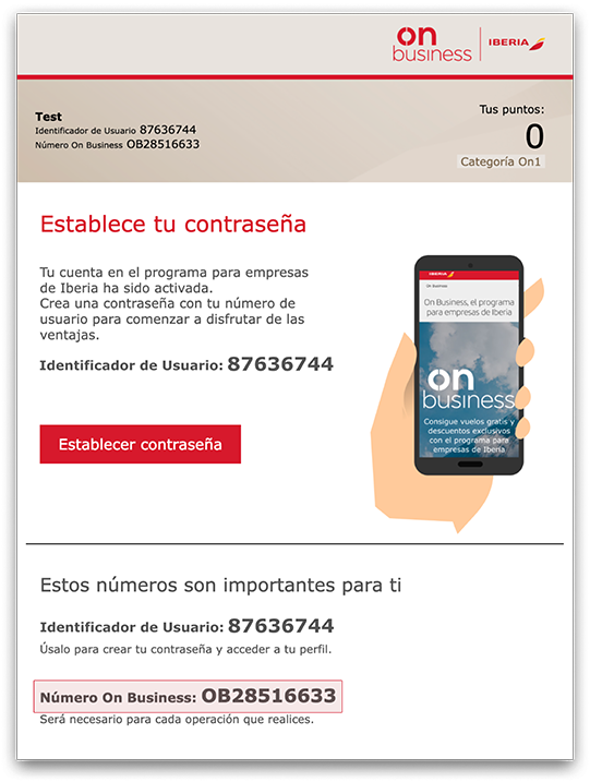 Imagen que muestra el lugar donde se puede encontrar el número On Business dentro del e-mail de bienvenida que llega al usuario una vez registrado en On Business