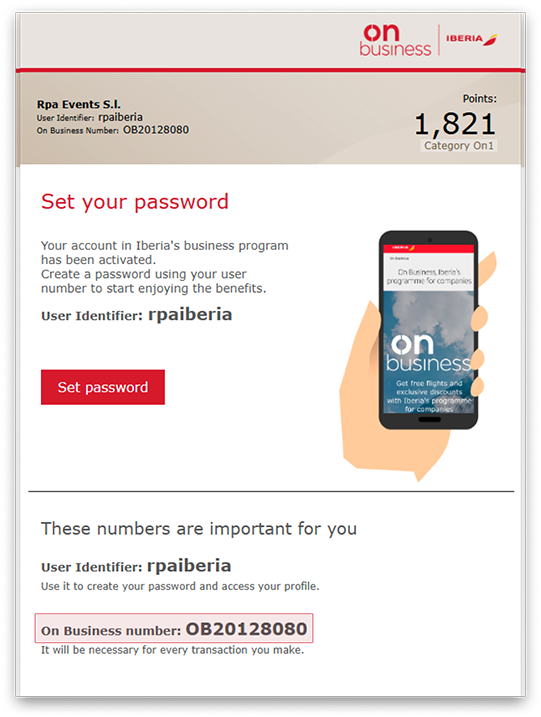 Image showing where to find the On Business number in the welcome email sent to members when they register with On Business