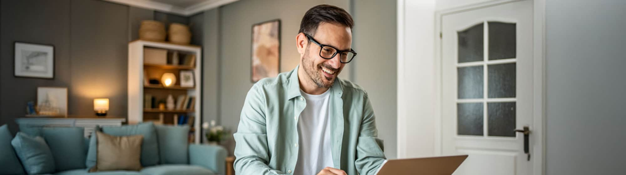 The image shows a man while working with his laptop