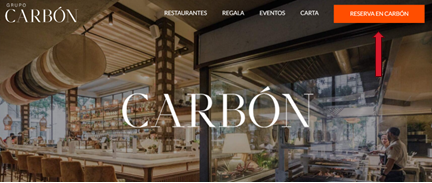 Página de inicio del grupo Carbón. Manú en el que se puede navegar por los diferentes restaurantes, opciones para regalar, eventos, la carta y reservar para asistir al restaurante.