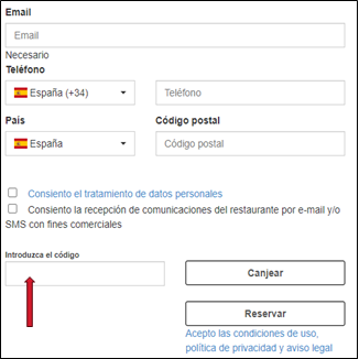 Campos para añadir los datos de la persona que lleva a cabo la reserva: E-mai, Teléfono y País. Consentimientos. Introducir el código de descuento para canjearlo y reservar.