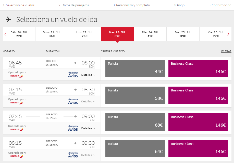 Select the rate that best suits you based on departure and arrival times, and view more price options in the carousel calendar.