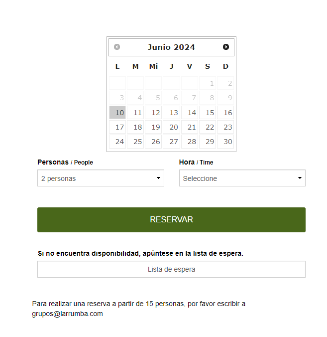 Calendar to select the booking date. Select the number of people who will be attending the booking and the time. Button to complete the booking. There is a field to sign up for the waiting list in case there is no availability.