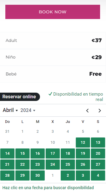 A calendar is displayed to select the date based on real-time availability. The prices are informed depending on whether they are an Adult, Child or Infant At the top there is a maroon 