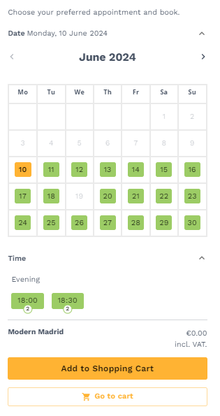 A calendar is displayed to select the booking date. Then the time options are shown to select according to convenience and, finally, the final price and an orange button to add the booking to the cart.