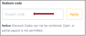 A text box is displayed in which the discount code must be added. There is also a button on the right to apply said code. Below is brief information on the conditions of use.