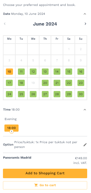 Se muestra un calendario para seleccionar la fecha de reserva. Posteriormente se muestran las opciones de horario para seleccioanar según conveniencia y, finalmente, el precio final y un botón naranja para añadir la compra al carrito.