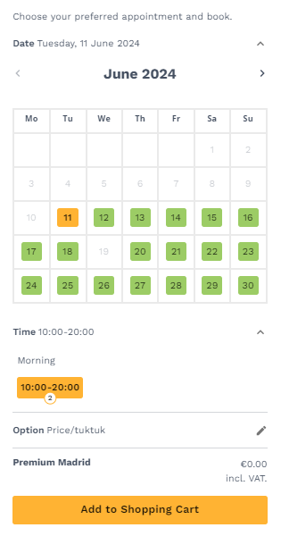 A calendar is displayed to select the booking date. Then the time options are shown to select according to convenience and, finally, the final price and an orange button to add the booking to the cart.