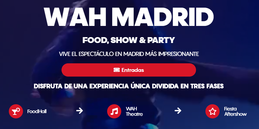 A sales page and information about WAH Madrid is displayed. There is a red button that says 