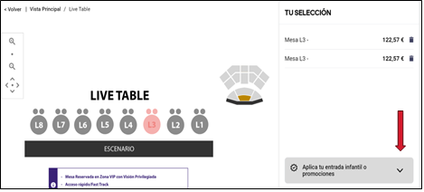 An enlargement of the map of the venue is shown with the selected positions. On the right is the selection with the corresponding prices, and at the bottom a drop-down list to enter the discount code.