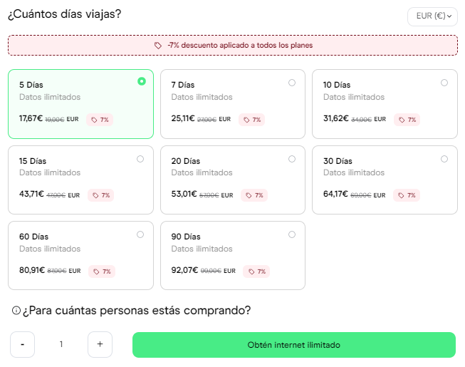 Choose the fare that best suits your needs by comparing the prices with the discount applied according to the days you want to book, and state the number of people for whom you are making the purchase.